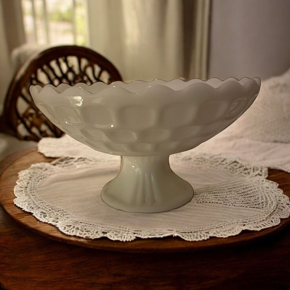 Vtg. Federal Glass White Milk Glass Pedestal Bowl Thumbprint Pattern Fruit Bowl
